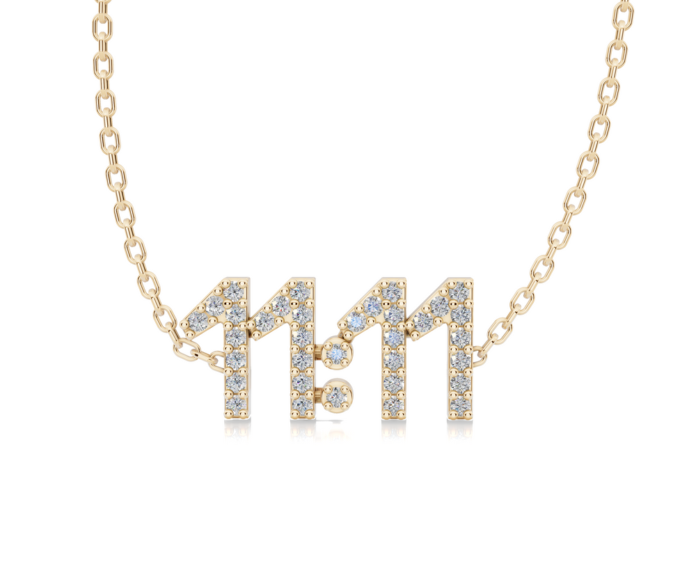 11:11 diamond necklace in 18k yellow gold with pavé-set natural diamonds, delicate number design on fine chain