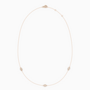 Delicate necklace in rose gold featuring three evil eye–shaped diamond elements spaced along a fine chain, with an adjustable clasp.