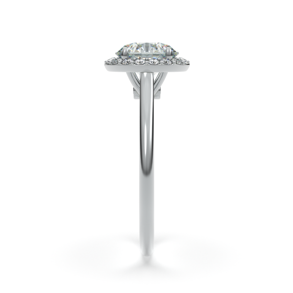 Angled shot of LILOU halo diamond ring in 18k white gold
