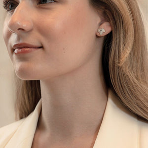 close-up of model wearing CAREDIAMONDS LUNIEVE earrings – radiant diamonds paired with vivid blue sapphires for a modern, elegant look.