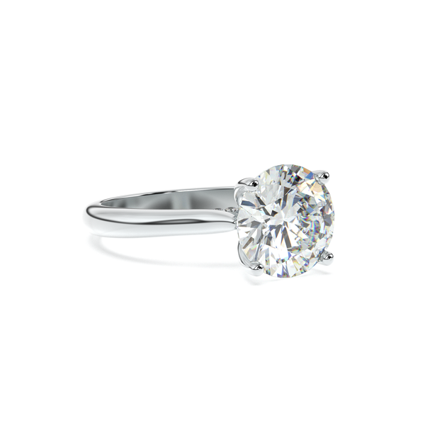 Angled shot of diamond engagement ring in 18k white gold